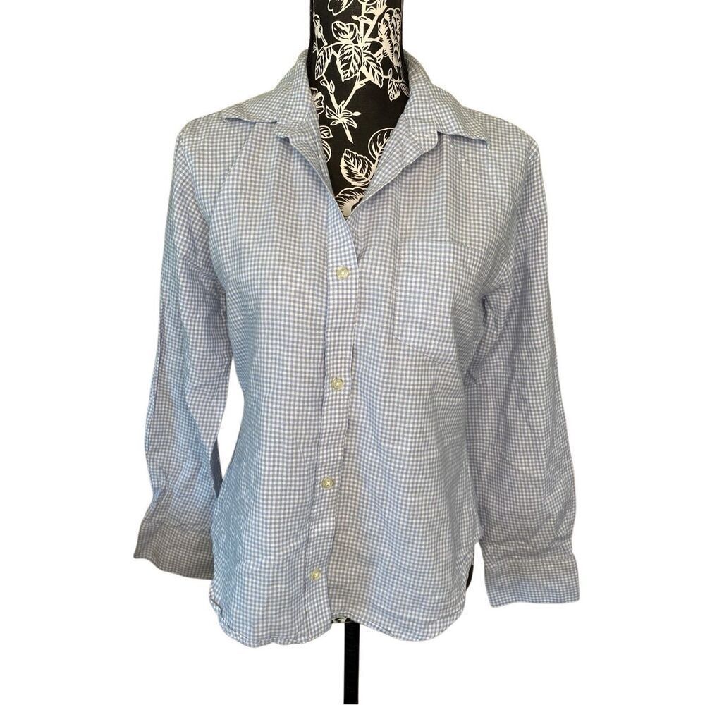 Light Blue Gingham Button-Front Blouse